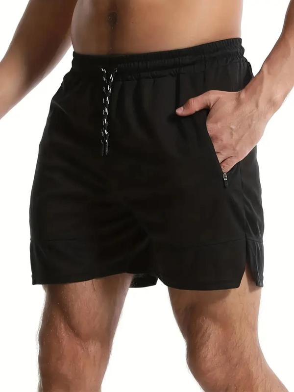 Men's Solid Drawstring Waist Split Hem Mesh Sport Shorts, Regular Fit Casual Zipper Pocket Track Shorts for Summer, Men's Bottoms for Outdoor Running Fitness Basketball