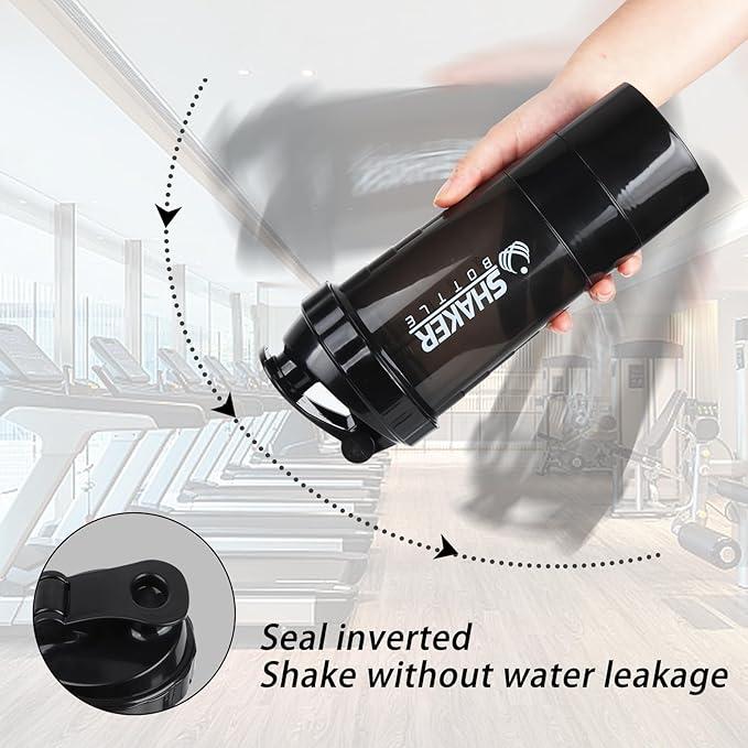 Shaker Bottle - Protein Shaker Cup with Storage Compartments - Leak-proof Workout Shake Bottles with Mixer for Smooth Mixing-500ML 16oz (PURE BLACK)