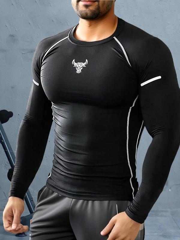 Men's Bull Head Print Round Neck Top-stitching Sports Tee, Slim-fit Long Sleeve Crew Neck T-shirt for Spring & Fall, Compression Shirt, Casual Sporty Top for Outdoor Workout Running