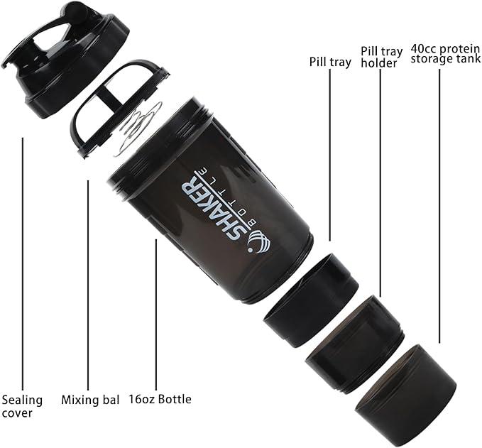 Shaker Bottle - Protein Shaker Cup with Storage Compartments - Leak-proof Workout Shake Bottles with Mixer for Smooth Mixing-500ML 16oz (PURE BLACK)