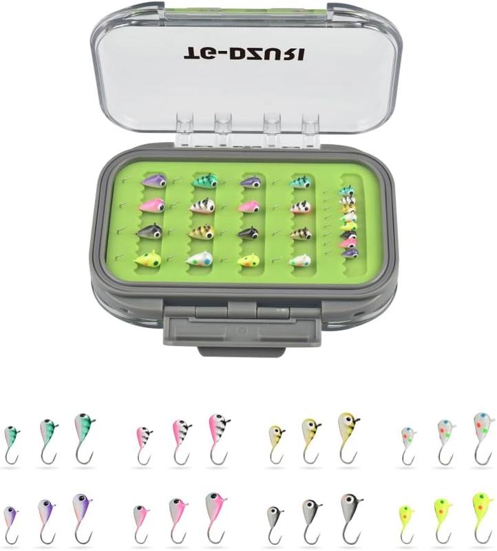 Tungsten Ice Fishing Jigs Kit, 3.2 4 5mm Glow in Dark Tear Drop Ice Fishing Lure Jigs with Waterproof Two-Sided Jig Box Assortment 20 24 30