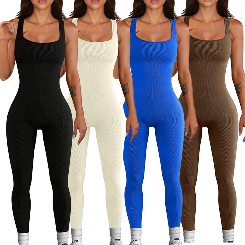 Women's Jumpsuits Seamless Ribbed Square Neck One Piece Yoga Workout Sleeveless Rompers Sexy Tank Top