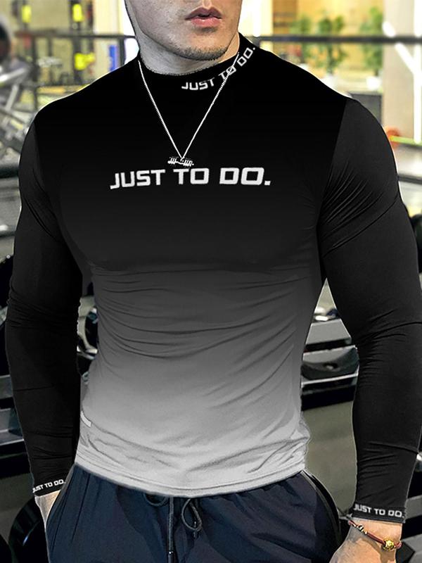 Men's Ombre Letter Print Mock Neck Tee, Regular Fit Casual Long Sleeve T-shirt for Spring & Fall, Men's Top for Gym Workout Running