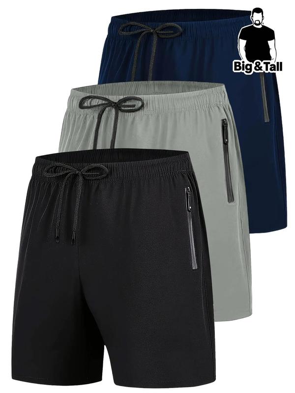  Men's Solid Zipper Pocket Drawstring Waist Shorts,  Shorts for Men, Casual Quick Drying Shorts for Running Fitness Cycling Hiking, Men's Bottoms for Summer