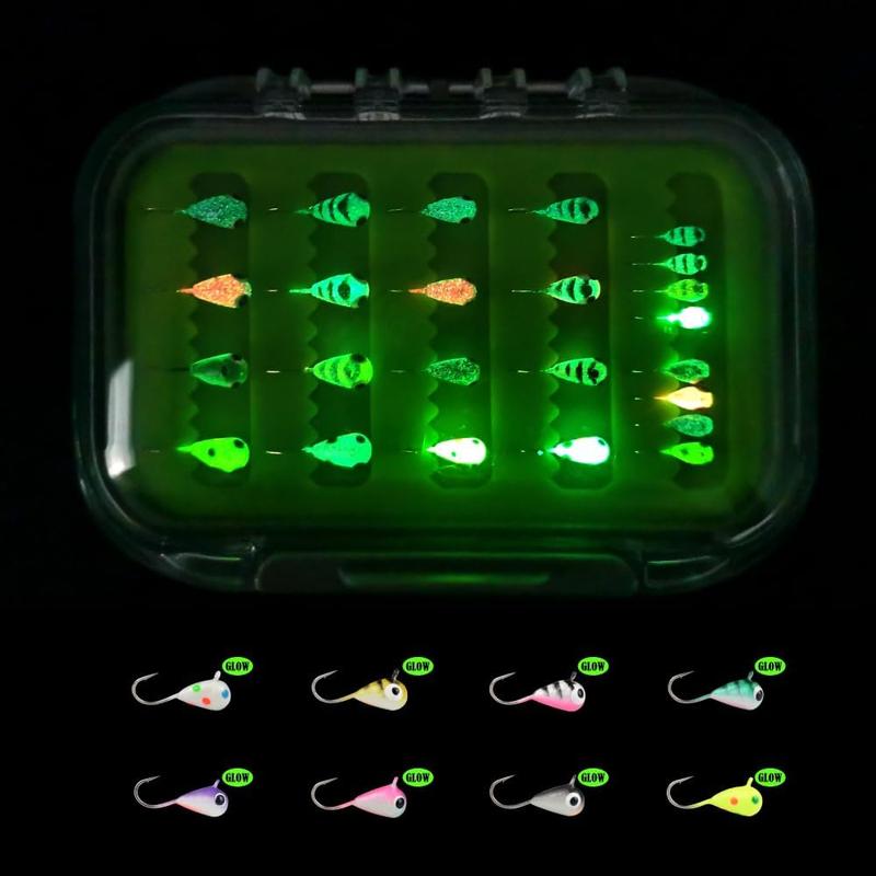 Tungsten Ice Fishing Jigs Kit, 3.2 4 5mm Glow in Dark Tear Drop Ice Fishing Lure Jigs with Waterproof Two-Sided Jig Box Assortment 20 24 30