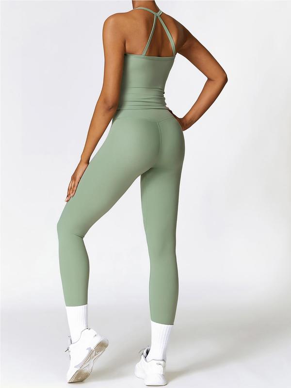 Solid Cut Out Backless Cami Top & High Waist Leggings Tracksuit for Women, Sporty Comfy Breathable Outfits for Yoga Gym Workout Running, Tracksuits for Women, Jogging Suit Set, Ladies Sportswear, Minimalistic Outfit, Fall clothes 2024 Fall Outfits