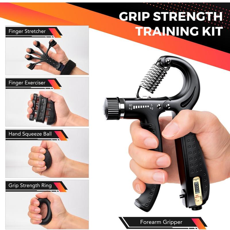 Grip Strength Trainer Kit (5 Pack) with Hand Grip Strengthener Electronic Counting, Forearm Strengthener, Finger Exerciser, Stress Relief Ball, and Forearm Workout Ring for Hand Therapy Forearm Strength Training