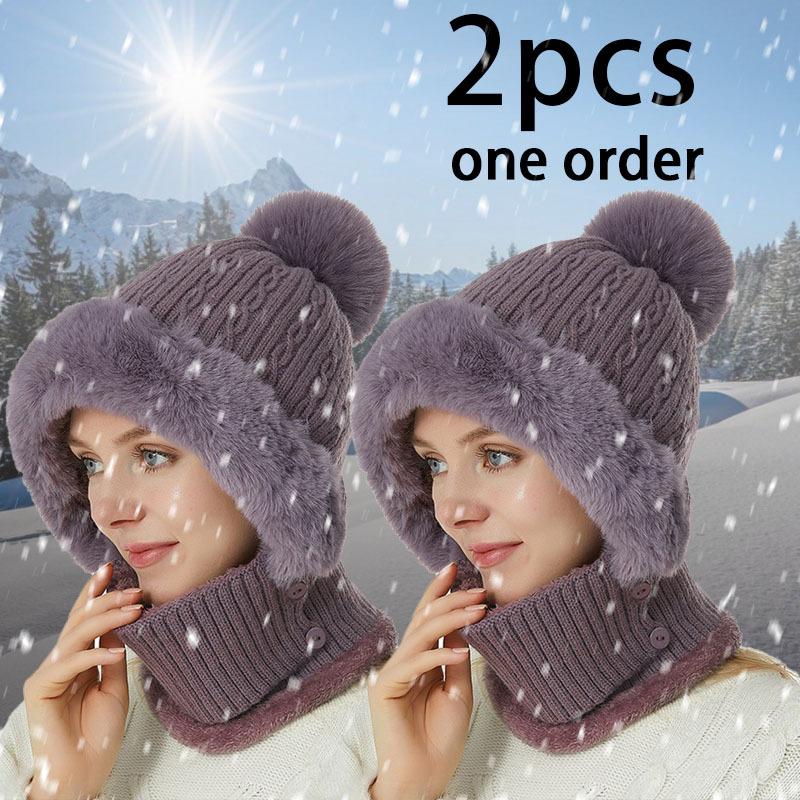 Winter Fleece Lined Knitted Hat with Earmuffs 3-in-1 Winter Hat Scarf Mask Set, Windproof and Warm Hooded Neck Warmer for Outdoor Cycling