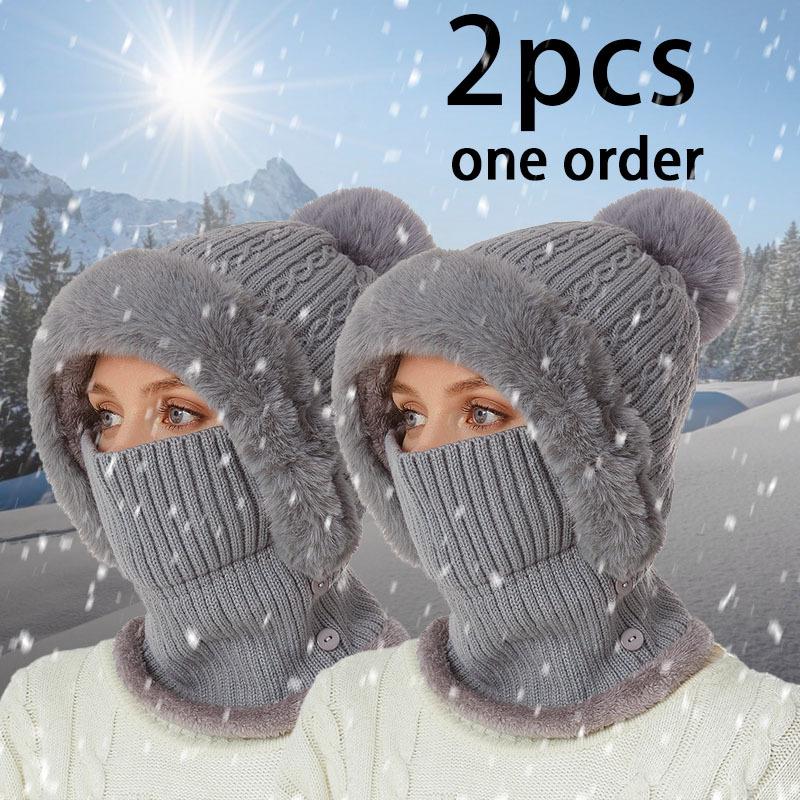 Winter Fleece Lined Knitted Hat with Earmuffs 3-in-1 Winter Hat Scarf Mask Set, Windproof and Warm Hooded Neck Warmer for Outdoor Cycling