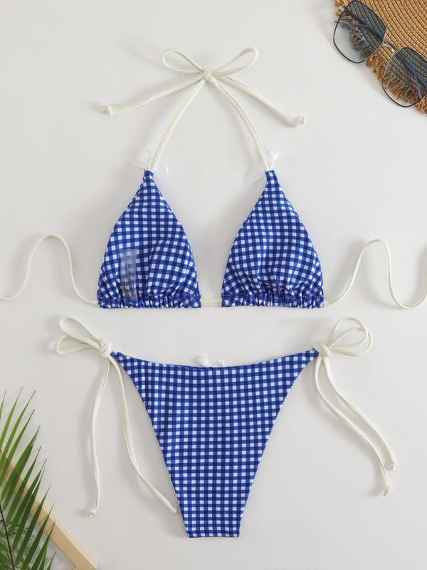 Two-piece Set Women's Plaid Print Bikini Set, Casual Fashion Chic Bow Decor Halter Neck Triangle Swim Bra & Tie Side Swim Panty, Swimsuits 2024 Women for Beach Vacation Underwear For Women