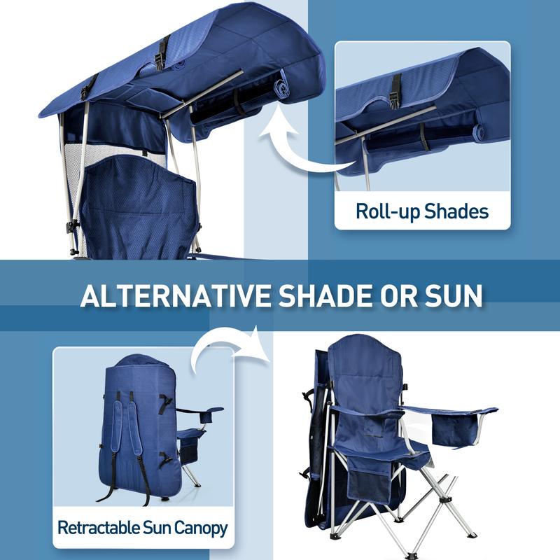 2024 Camping Gadgets Sheltered Sun Chair with Ice Pack, Sheltered Sun Chair with Canopy Shade, Cup Holder, Side Pockets for Outdoor Sports, Camping