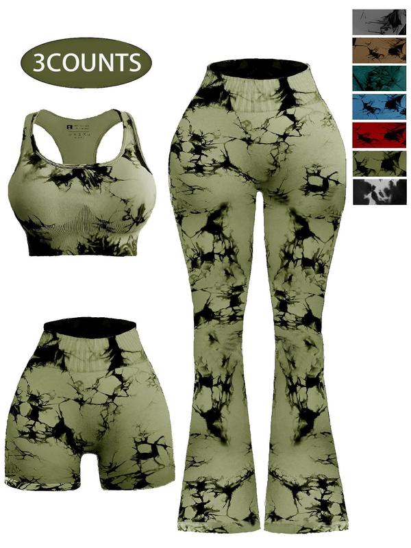 3 Pieces Women's Tie Dye Print Sports Tracksuit Set, Summer Outfits, Scoop Neck Racerback Sports Bra & High Waist Flare Leg Pants & Wide Waistband Skinny Shorts, Jogging Suit Set, Designer Sweatsuits, Ladies Sportswear Gym Clothes Women, Fall Outfit 2024