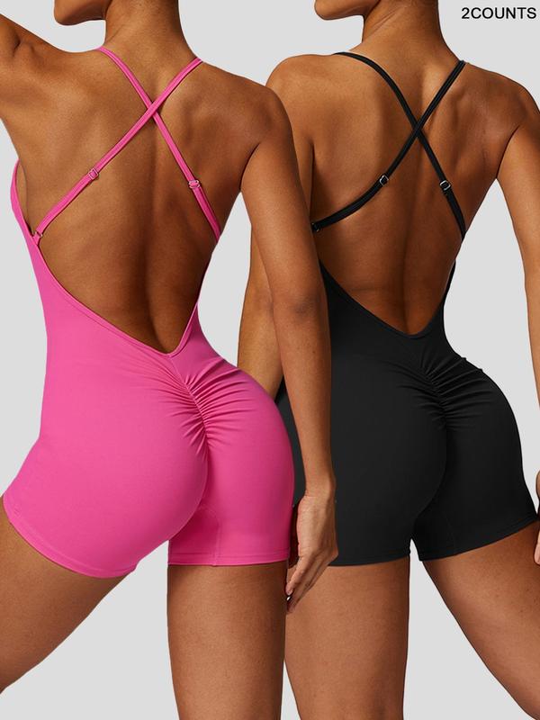 Women's Criss Cross Backless Sports Tummy Control Romper, High Stretch Spaghetti Strap Bodycon Romper for Yoga Gym Workout Running, Jumpsuit for Women, Rompers for Women, Ladies Sportswear, Fall Clothes, Minimalistic