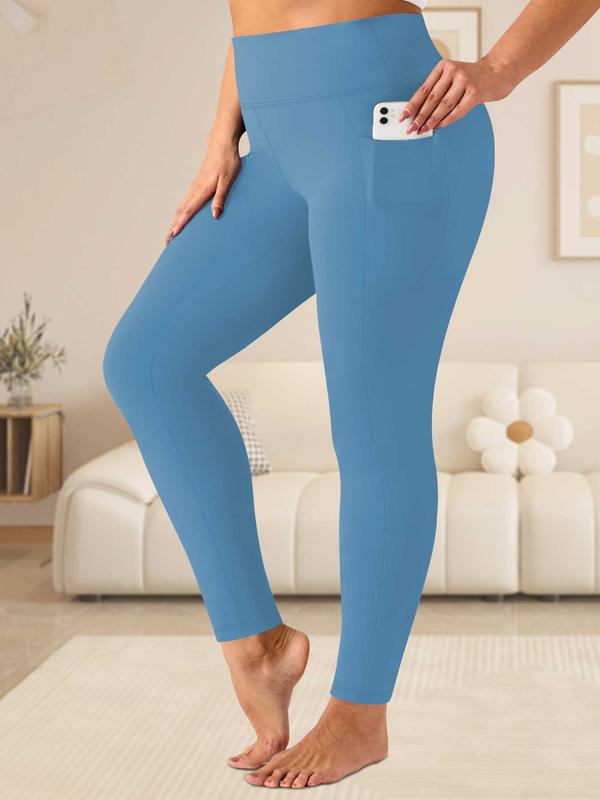  Women's Solid Pocket Design High Waist Leggings, Casual Comfy Breathable Skinny Pants for Yoga Gym Workout, Ladies Bottoms for All Seasons