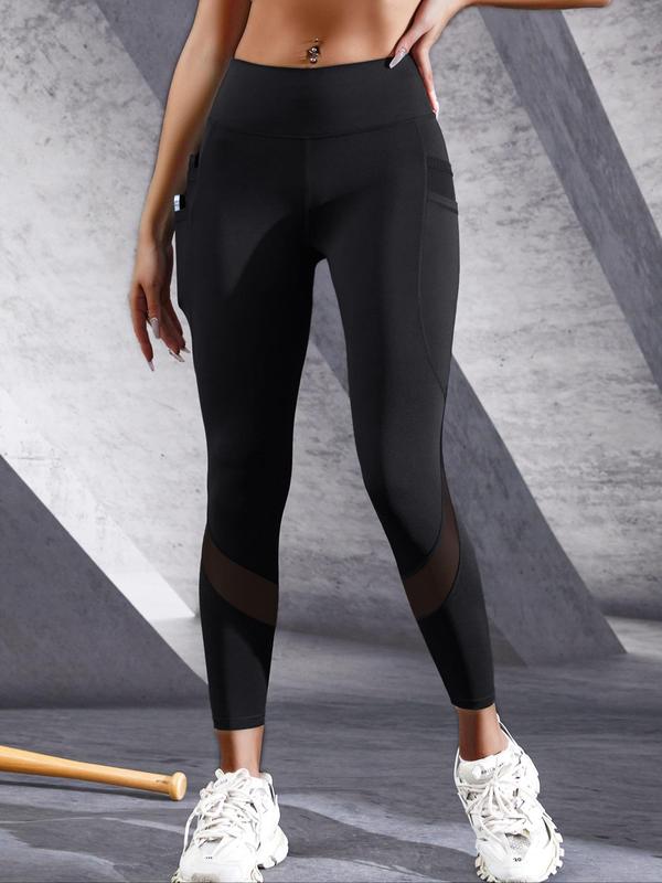 Women's Plain Contrast Mesh Sports Leggings, Comfy Pocket High Waist Skinny Pants, Yoga Legging, Ladies Sportswear Clothing for Indoor Outdoor Wear