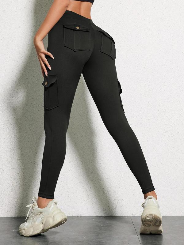 Women's Solid High Waist Pocket Sports Leggings, Casual Comfy Breathable Skinny Pants for Yoga Gym Workout, Ladies Sportswear for Spring & Fall