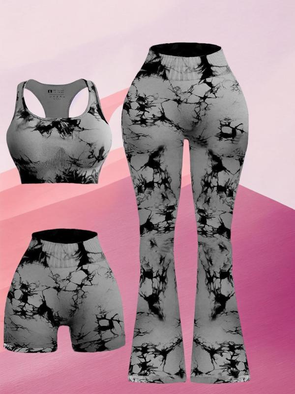 3 Pieces Women's Tie Dye Print Sports Tracksuit Set, Summer Outfits, Scoop Neck Racerback Sports Bra & High Waist Flare Leg Pants & Wide Waistband Skinny Shorts, Jogging Suit Set, Designer Sweatsuits, Ladies Sportswear Gym Clothes Women, Fall Outfit 2024