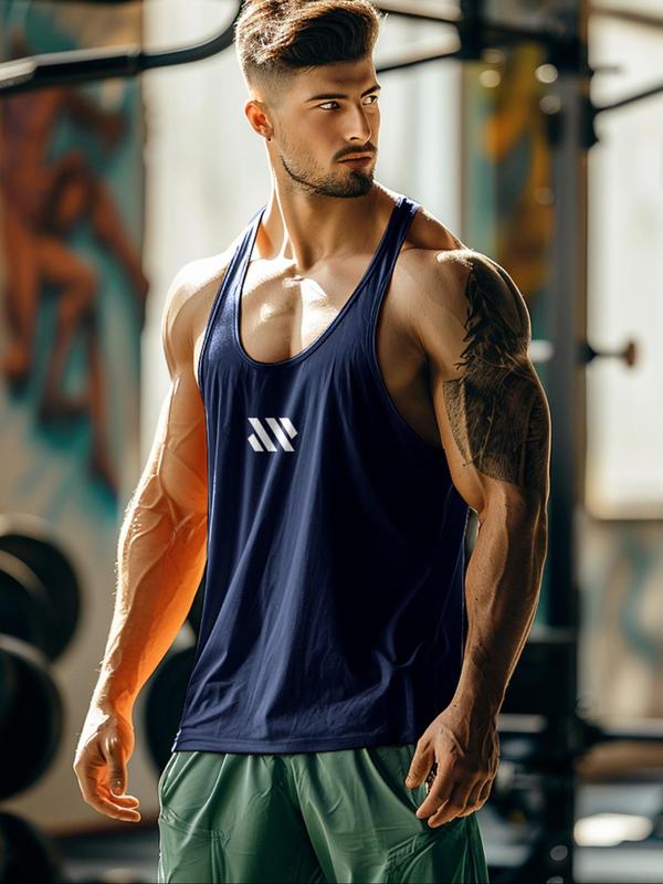 Men's Geometric Print U Neck Sports Tank Top, Sporty Quick Drying Breathable Sleeveless Top for Gym Workout Running, Men's Sportswear for Summer