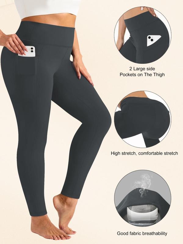  Women's Solid Pocket Design High Waist Leggings, Casual Comfy Breathable Skinny Pants for Yoga Gym Workout, Ladies Bottoms for All Seasons