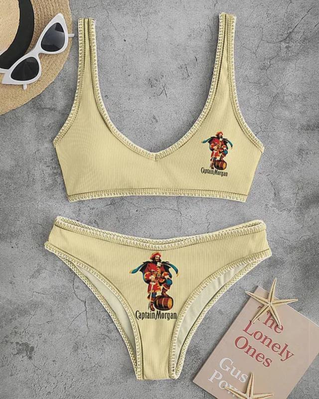 Captain Morgan Contrasting Letter Print Casual Beige Bikini Sets