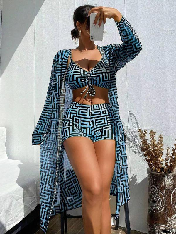 Three-piece Set Women's Geometric Print Swimsuit Set, Long Sleeve Cover Up & Swim Bottom & Drawstring Swim Top Set, Summer Beach Holiday Vacation Swimwear Set for Women