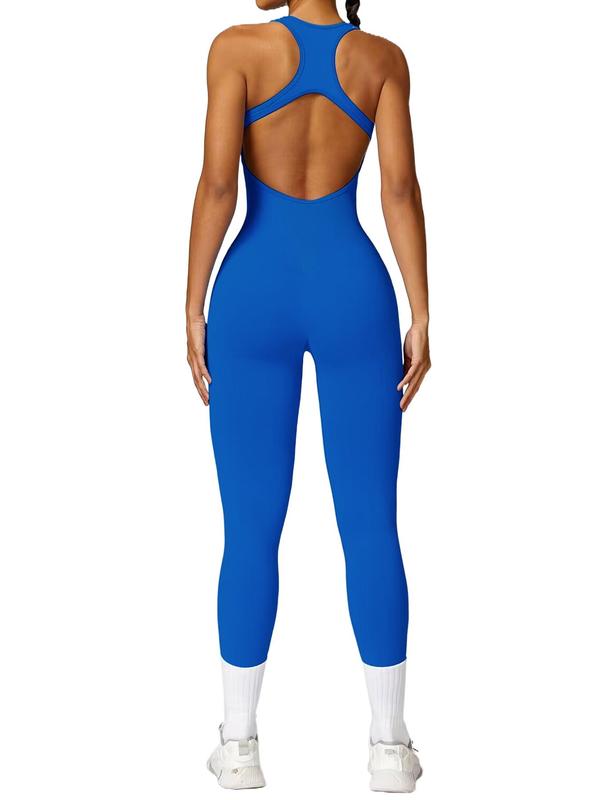 Women's Solid Racer Back Cut Out Sports Jumpsuit, Solid Color Backless High Waist Sports Jumpsuit, Ladies Sportswear for Indoor Outdoor Wear