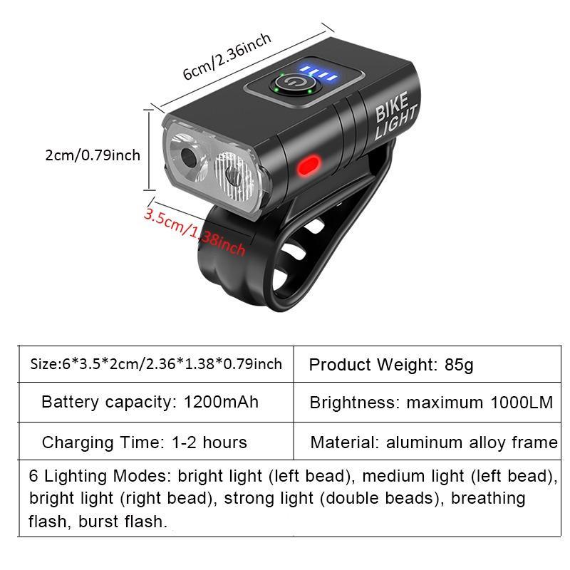 Bicycle Headlight, USB Rechargeable Bike Front Light, Super Bright LED Mountain Bike Light