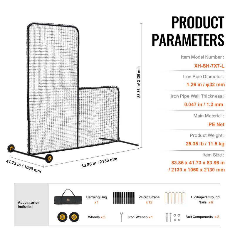 VEVOR L Screen Baseball for Batting Cage, 7x7 ft Softball Safety Screen, Body Protector Portable Batting Screen with Carry Bag, Wheels, Ground Stakes, Heavy Duty Pitching Net for Pitchers Protection