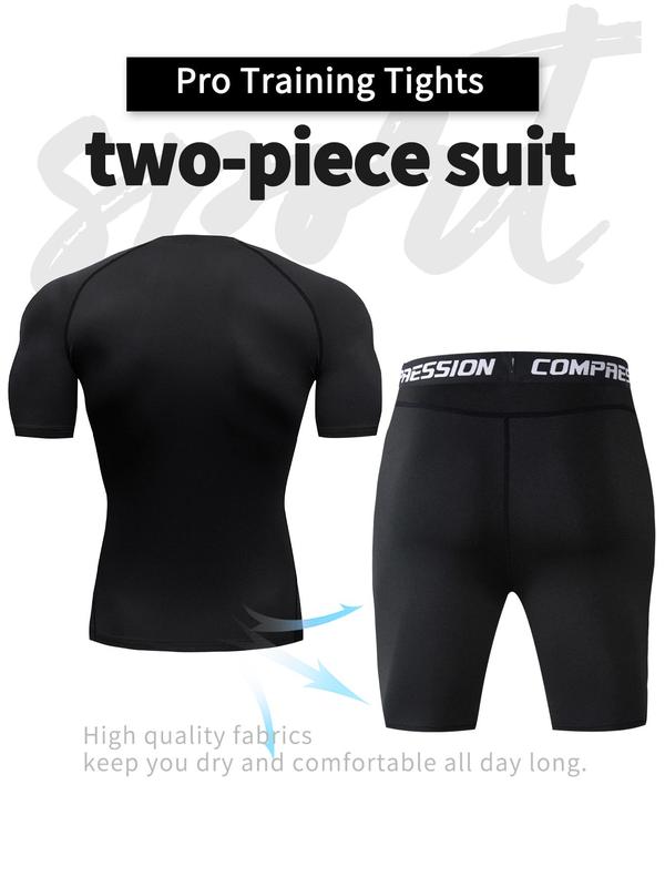 Two-Piece Set Men's Round Neck Short Sleeve Tee & Letter Tape Waist Short Leggings Tracksuit Set, Sporty Quick Drying Top & Shorts, Men Tracksuit for Gym Workout