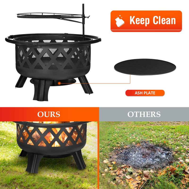 22-30 inch Fire Pit for Outside 2 in 1 BBQ Wood Burning Fire Pit for Outdoor Camping Large Fire Pit Wood Bowl Firepit with Grate Spark Screen Log Grate