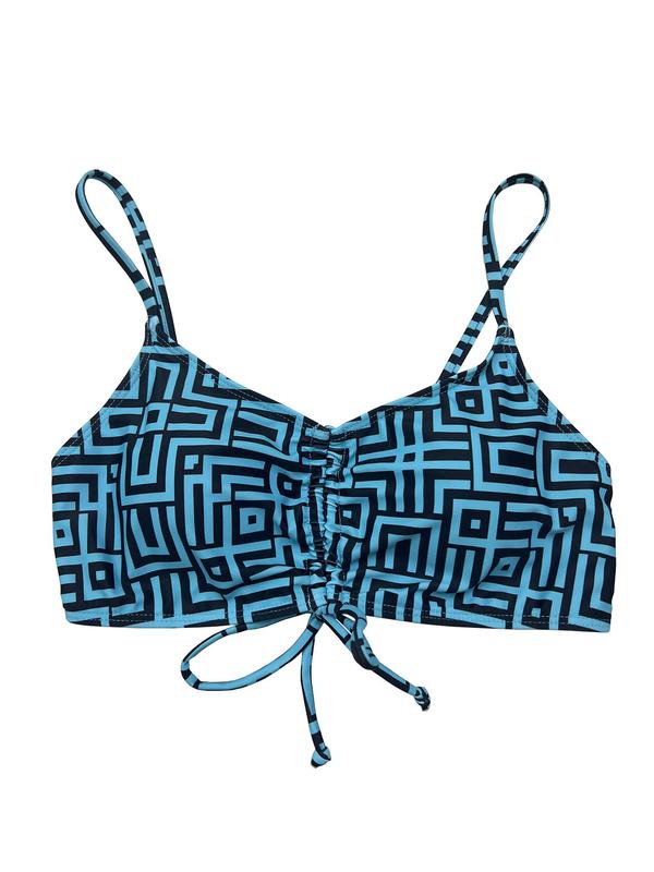 Three-piece Set Women's Geometric Print Swimsuit Set, Long Sleeve Cover Up & Swim Bottom & Drawstring Swim Top Set, Summer Beach Holiday Vacation Swimwear Set for Women