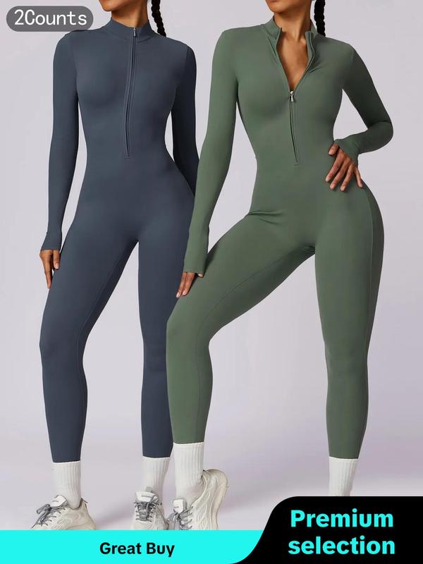 Women's Solid Zip Up Mock Neck Sports Jumpsuit, Sporty Comfy Long Sleeve Skinny Jumpsuit for Yoga Gym Workout, Ladies Sportswear for Fall & Winter