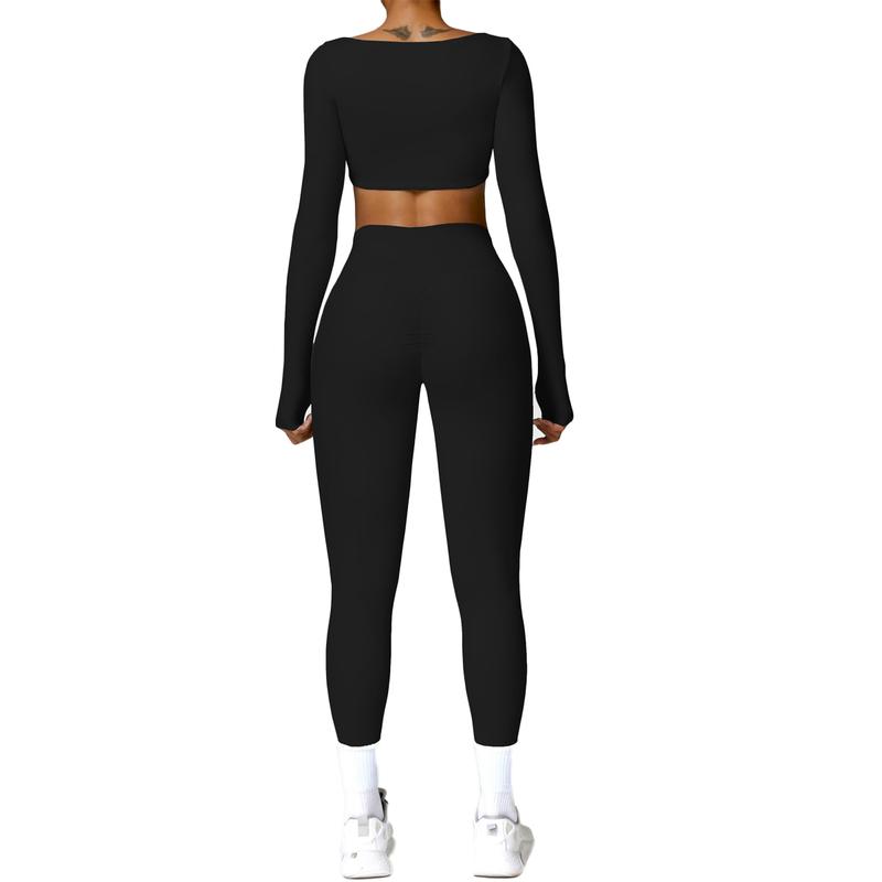 Women's Solid Color Nylon Tracksuits Set - Square Neck Crop Top & Tight Pants for Yoga Work and Gym Outfits