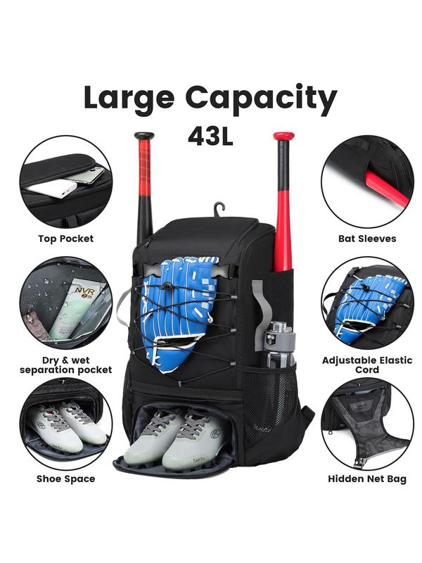 Softball Backpack, Sports Nylon Baseball Bag with Fence Hook, Lightweight Bat Pack with Shoe Compartment & Helmet Slot, Large Capacity 43l