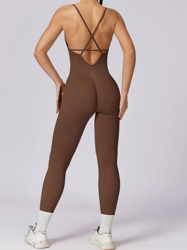 Women's Plain Criss Cross Backless Cut Out Sports Jumpsuit, Sporty Spaghetti Strap Skinny Jumpsuit for Yoga Gym Workout, Ladies 2024 Summer Sportswear, Tummy Control