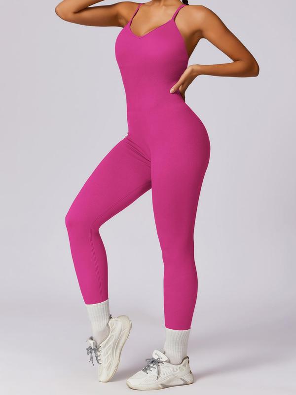 Women's Plain Criss Cross Backless Cut Out Sports Jumpsuit, Sporty Spaghetti Strap Skinny Jumpsuit for Yoga Gym Workout, Ladies 2024 Summer Sportswear, Tummy Control