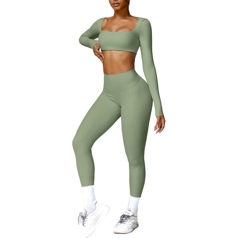 Women's Solid Color Nylon Tracksuits Set - Square Neck Crop Top & Tight Pants for Yoga Work and Gym Outfits