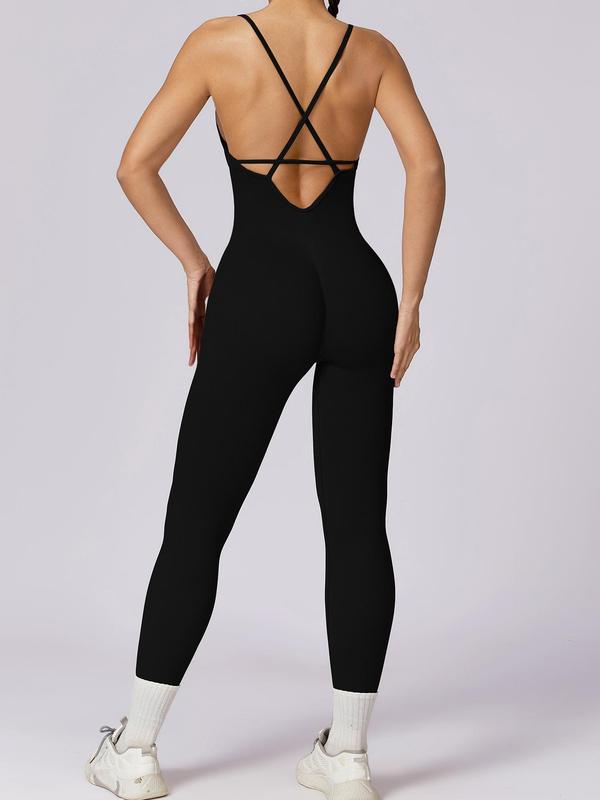 Women's Plain Criss Cross Backless Cut Out Sports Jumpsuit, Sporty Spaghetti Strap Skinny Jumpsuit for Yoga Gym Workout, Ladies 2024 Summer Sportswear, Tummy Control