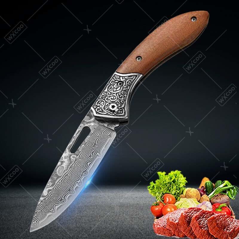 Folding Knife Portable Pocket Knife Fruit Slicing Knife Damascus Camping Knife