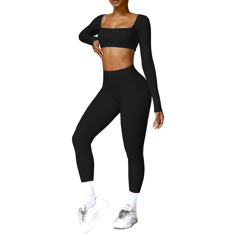 Women's Solid Color Nylon Tracksuits Set - Square Neck Crop Top & Tight Pants for Yoga Work and Gym Outfits