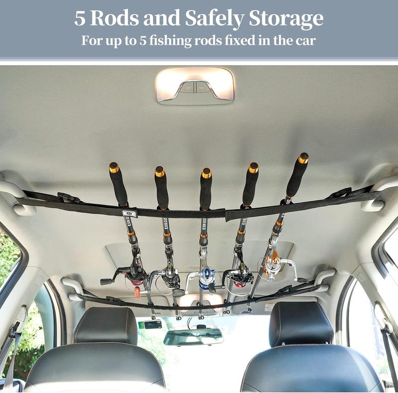 Vehicle Fishing Rod Holder,  Fishing Pole Roof Rack Inside, 5 Rod Capacity, Heavy Duty Adjustable 30-54 Inch, Fishing Rod Carrier Fishing Pole Storage Straps for Truck  SUV Wagons Van