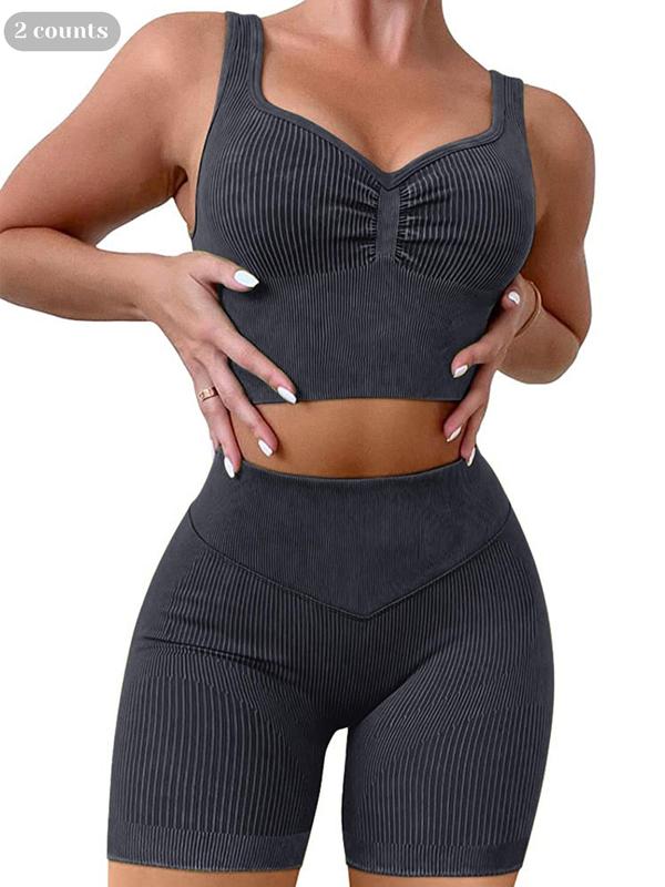 Women Workout Set, Sweetheart Neck Crop Tank Top & Tummy Control High Wasit Butt Scrunch Shorts, Seamless Ribbed Yoga Sets