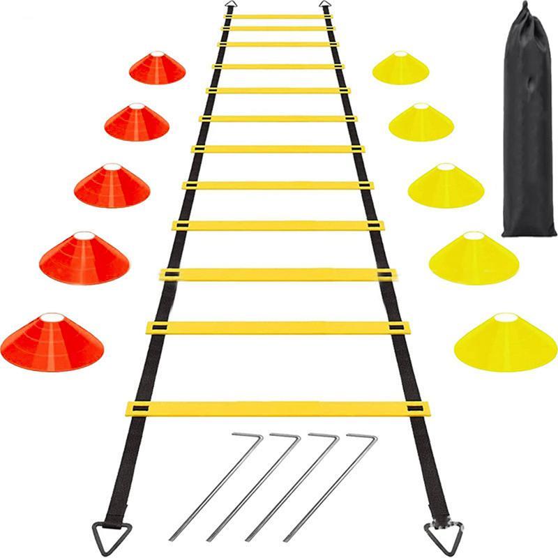 Summer Football Agility Training Ladder Set, Including 1 Count Soccer Training Speed Ladder, 10pcs Obstacle Discs, 4 Counts Ground Nails, 1 Count Storage Bag, Football Training Equipment Set, Christmas Gift