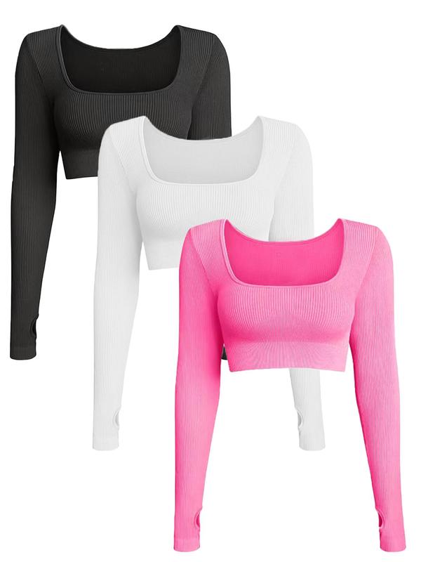 Women's Solid Ribbed Square Neck Sports Tee, 2024 New Style Casual Long Sleeve T-Shirt for Yoga Gym Workout Running, Ladies Sportswear for All Seasons