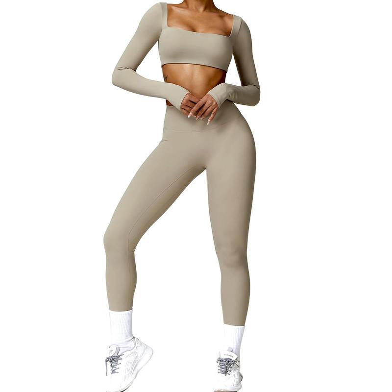 Women's Solid Color Nylon Tracksuits Set - Square Neck Crop Top & Tight Pants for Yoga Work and Gym Outfits