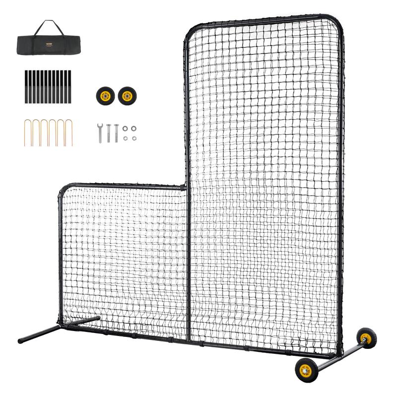 VEVOR L Screen Baseball for Batting Cage, 7x7 ft Softball Safety Screen, Body Protector Portable Batting Screen with Carry Bag, Wheels, Ground Stakes, Heavy Duty Pitching Net for Pitchers Protection