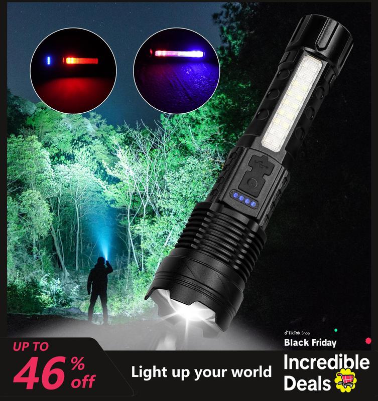 Strong Light Flashlight USB Rechargeable with Emergency White Light and Red & Blue Alarm Lights. Waterproof Design for Versatile Use. Ideal for Camping, Mountaineering, Fishing, Garden, Road, and Garage Lighting. The Portable highlumen flashlight for 2024