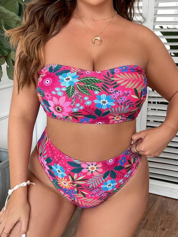 Plus Size Floral Print Backless Bandeau Swim Bra & Swim Panty Bikini Set, Vacation Clothes, Boho Fashion Casual Swimwear Set for Beach Holiday Vacation, Back-to-School Clothing, Women's Swimsuit for Summer