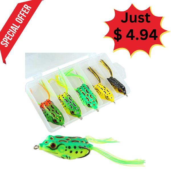 5Pcs Topwater Frog Lures Set with Bait Box - Weedless Soft Bait for Bass and Snakehead - Realistic Fishing Crankbait Lures