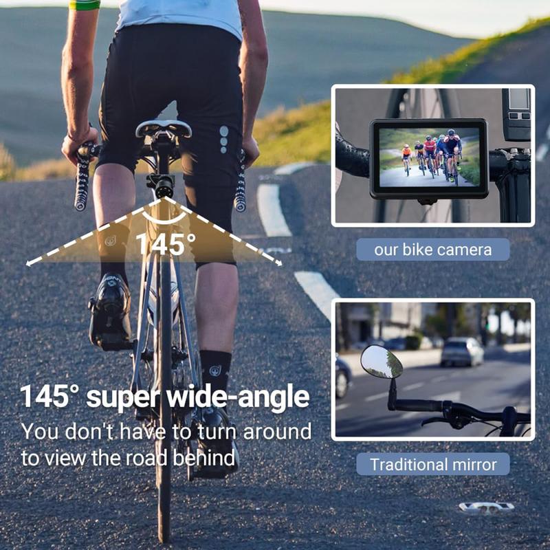 Bike camera, Handlebar Bicycle Rear View camera with 4.3'' HD Night Vision Function, 145° Wide Angle View, Adjustable Rotatable Bracket, Compatible with Bicycle, Mountain, Road Bike